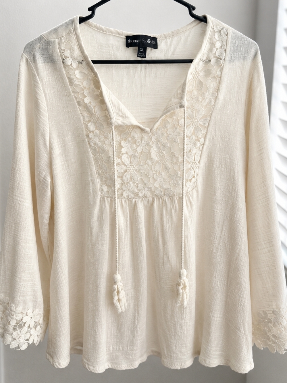 Thomas & Olivia Boho Crochet Lace Peasant Top XL Cream Tassel Blouse - Picture 2 of 12